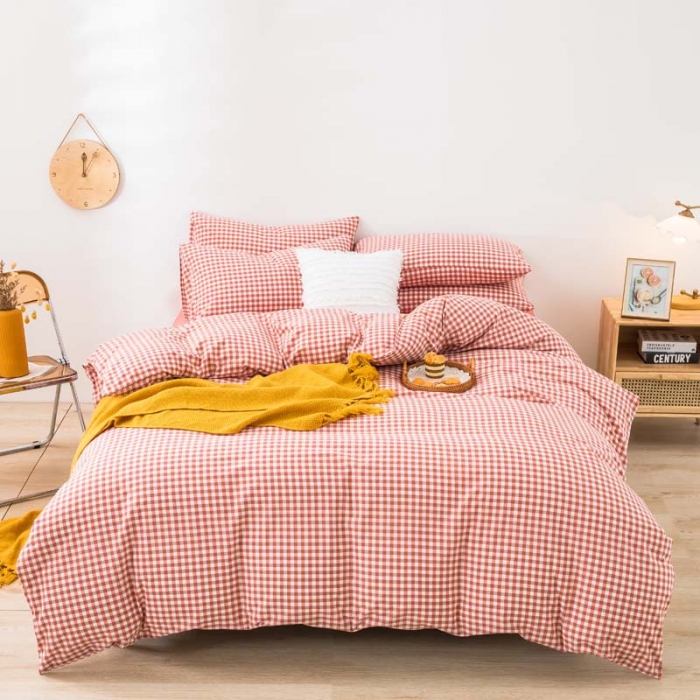 91家纺网 家纺一手货源 找家纺 柠萌家居 2025新款全棉色织水洗棉床品单被套 橙红小格