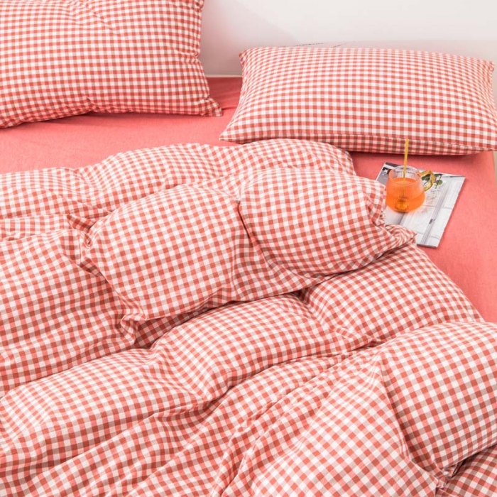 91家纺网 家纺一手货源 找家纺 柠萌家居 2025新款全棉色织水洗棉床品单被套 橙红小格