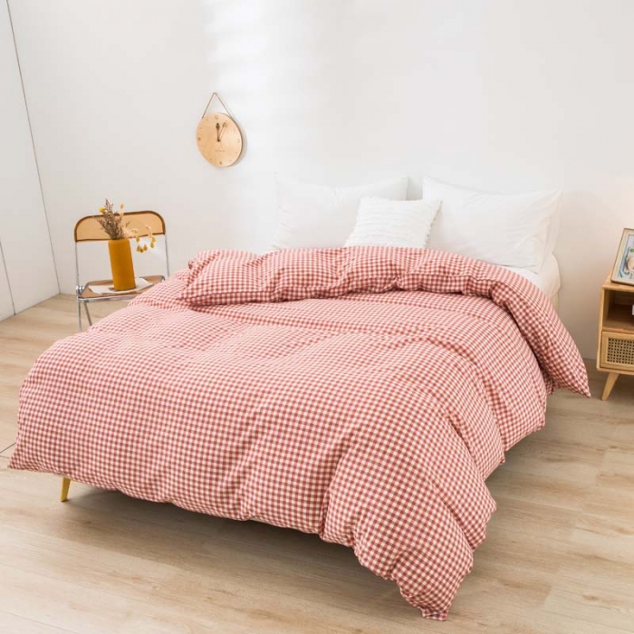 91家纺网 家纺一手货源 找家纺 柠萌家居 2025新款全棉色织水洗棉床品单被套 橙红小格