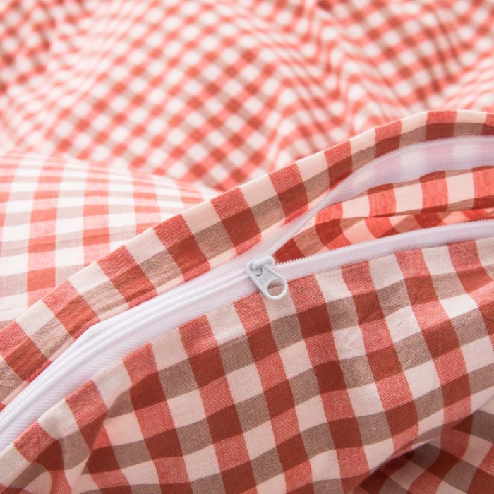 91家纺网 家纺一手货源 找家纺 柠萌家居 2025新款全棉色织水洗棉床品单被套 橙红小格