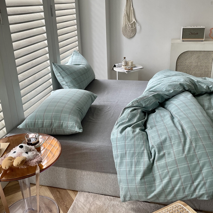 91家纺网 家纺一手货源 找家纺 柠萌家居 2025新款全棉色织水洗棉床品单被套 海蓝格