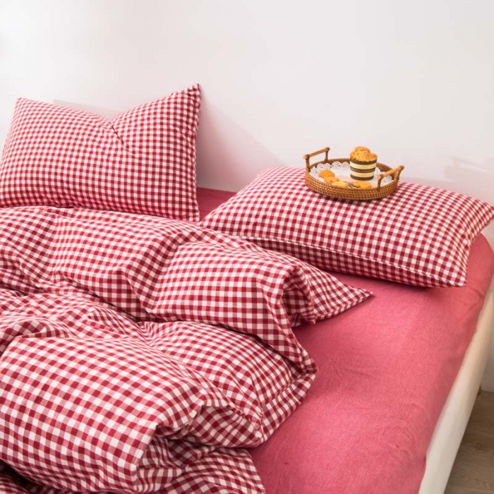 91家纺网 家纺一手货源 找家纺 柠萌家居 2025新款全棉色织水洗棉床品单被套 红小格