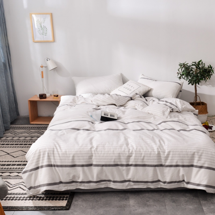 91家纺网 家纺一手货源 找家纺 柠萌家居 2025新款全棉色织水洗棉床品单被套 灰白细条