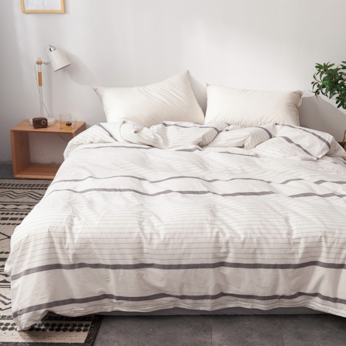 91家纺网 家纺一手货源 找家纺 柠萌家居 2025新款全棉色织水洗棉床品单被套 灰白细条