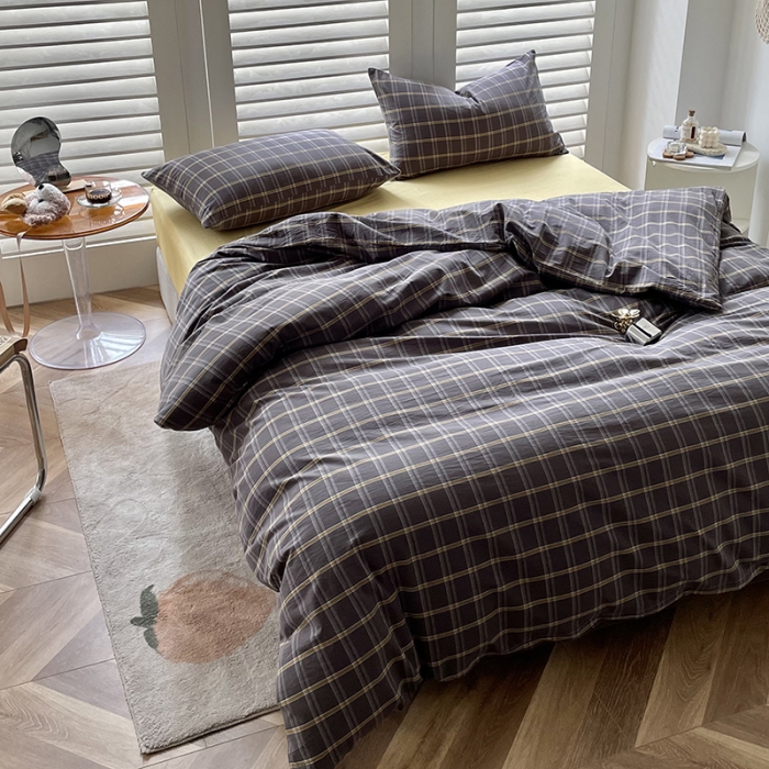 91家纺网 家纺一手货源 找家纺 柠萌家居 2025新款全棉色织水洗棉床品单被套 灰黄格