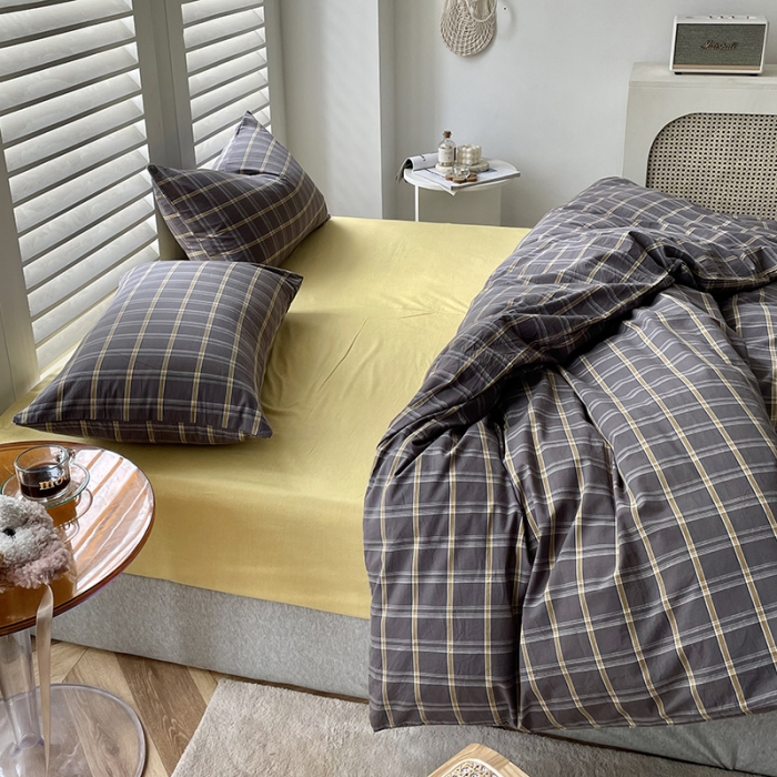 91家纺网 家纺一手货源 找家纺 柠萌家居 2025新款全棉色织水洗棉床品单被套 灰黄格