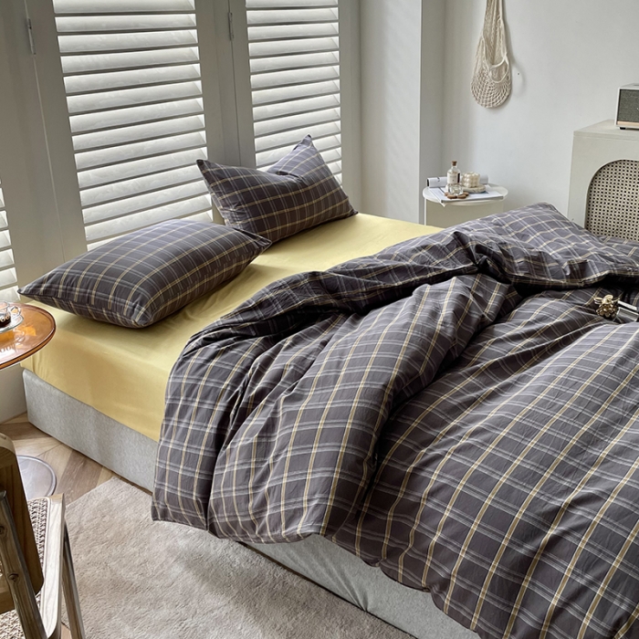 91家纺网 家纺一手货源 找家纺 柠萌家居 2025新款全棉色织水洗棉床品单被套 灰黄格