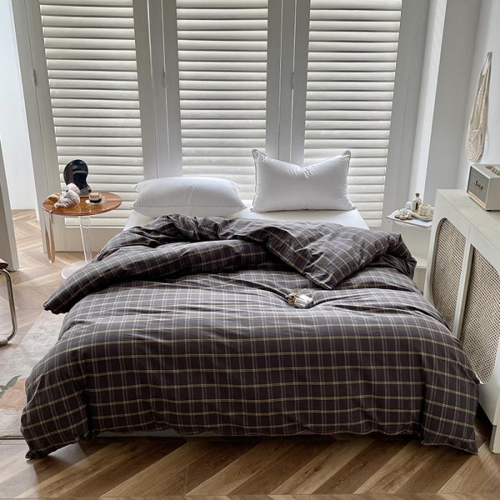 91家纺网 家纺一手货源 找家纺 柠萌家居 2025新款全棉色织水洗棉床品单被套 灰黄格