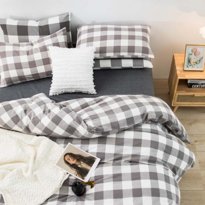 91家纺网 家纺一手货源 找家纺 柠萌家居 2025新款全棉色织水洗棉床品单被套 灰中格