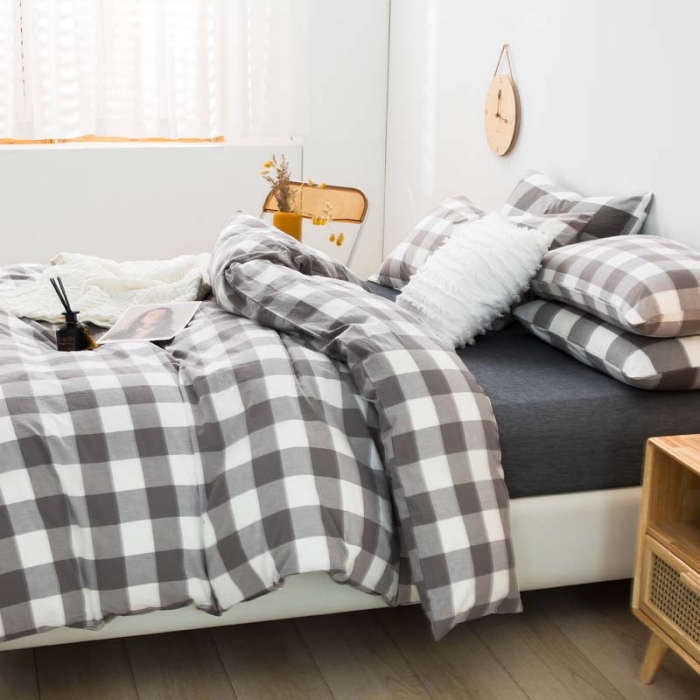 91家纺网 家纺一手货源 找家纺 柠萌家居 2025新款全棉色织水洗棉床品单被套 灰中格