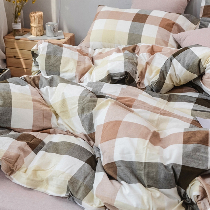 91家纺网 家纺一手货源 找家纺 柠萌家居 2025新款全棉色织水洗棉床品单被套 咖灰中格