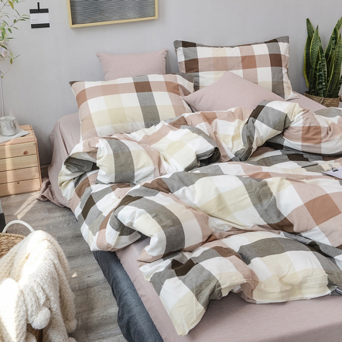 91家纺网 家纺一手货源 找家纺 柠萌家居 2025新款全棉色织水洗棉床品单被套 咖灰中格