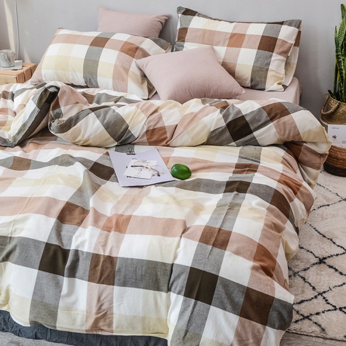 91家纺网 家纺一手货源 找家纺 柠萌家居 2025新款全棉色织水洗棉床品单被套 咖灰中格