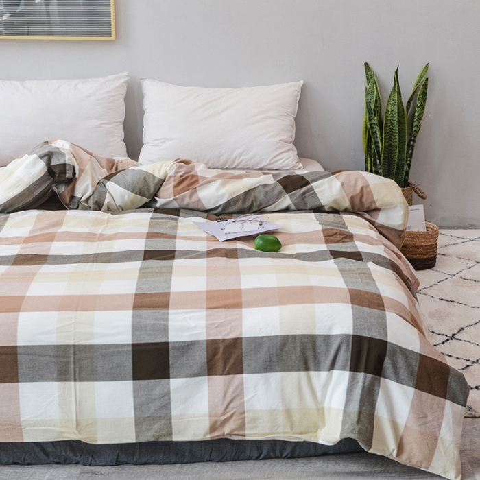 91家纺网 家纺一手货源 找家纺 柠萌家居 2025新款全棉色织水洗棉床品单被套 咖灰中格