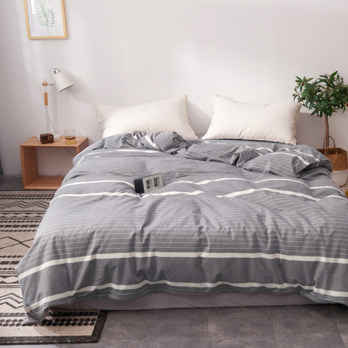 91家纺网 家纺一手货源 找家纺 柠萌家居 2025新款全棉色织水洗棉床品单被套 宽双线-灰白条