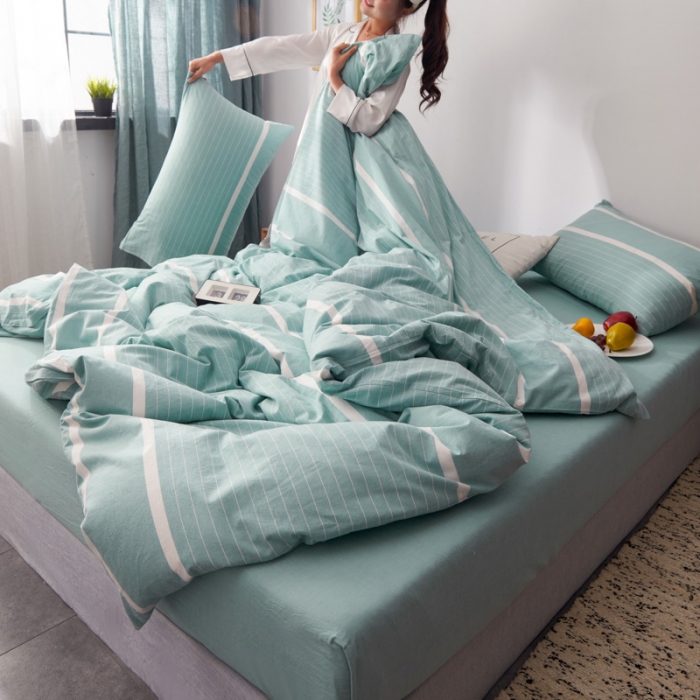 91家纺网 家纺一手货源 找家纺 柠萌家居 2025新款全棉色织水洗棉床品单被套 宽双线-浅绿