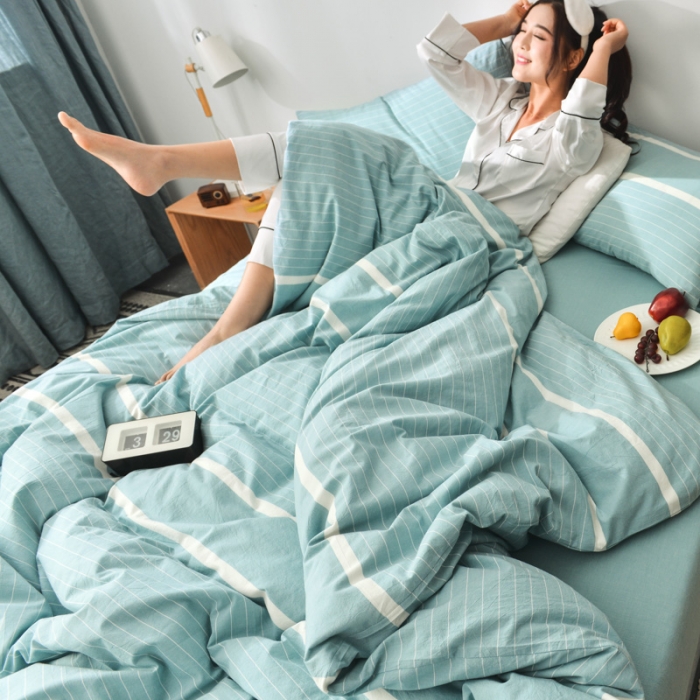 91家纺网 家纺一手货源 找家纺 柠萌家居 2025新款全棉色织水洗棉床品单被套 宽双线-浅绿