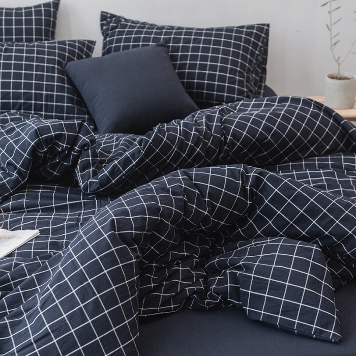 91家纺网 家纺一手货源 找家纺 柠萌家居 2021新款全棉色织水洗棉床品四件套 藏青方格