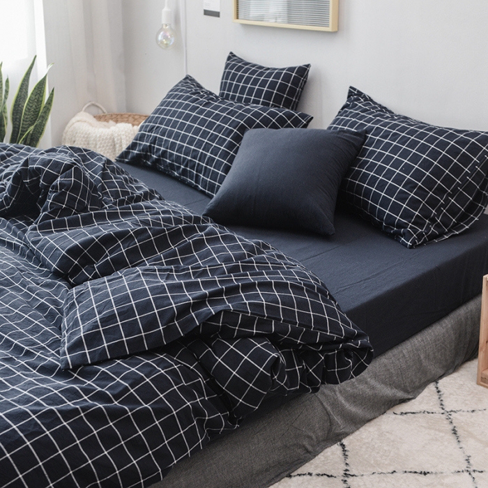 91家纺网 家纺一手货源 找家纺 柠萌家居 2021新款全棉色织水洗棉床品四件套 藏青方格