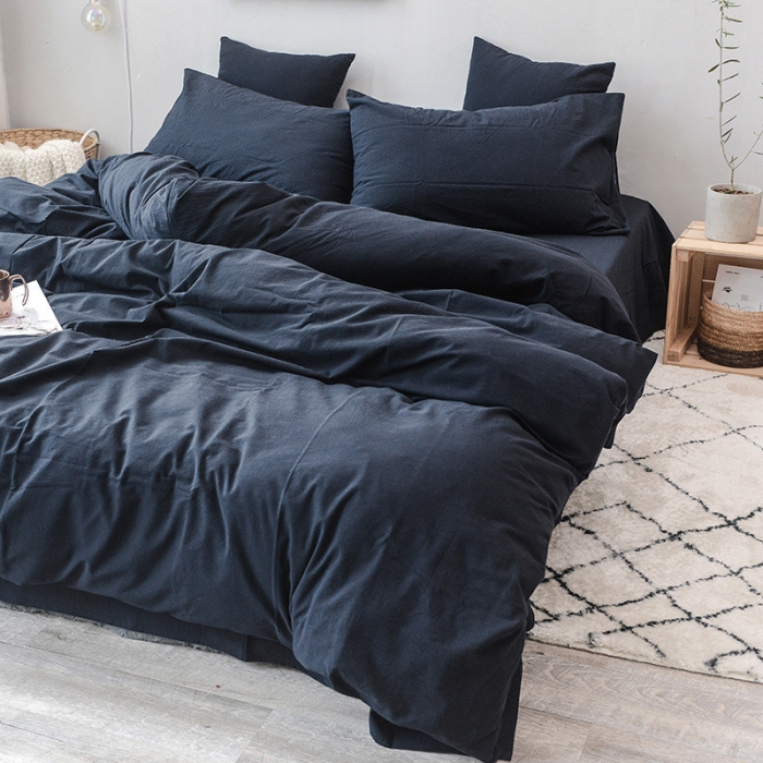 91家纺网 家纺一手货源 找家纺 柠萌家居 2021新款全棉色织水洗棉床品四件套 藏青色