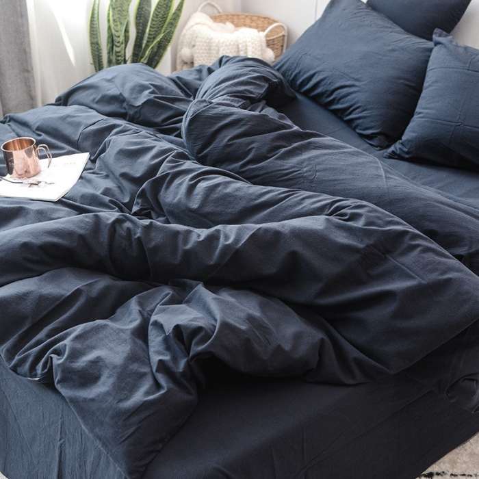 91家纺网 家纺一手货源 找家纺 柠萌家居 2021新款全棉色织水洗棉床品四件套 藏青色