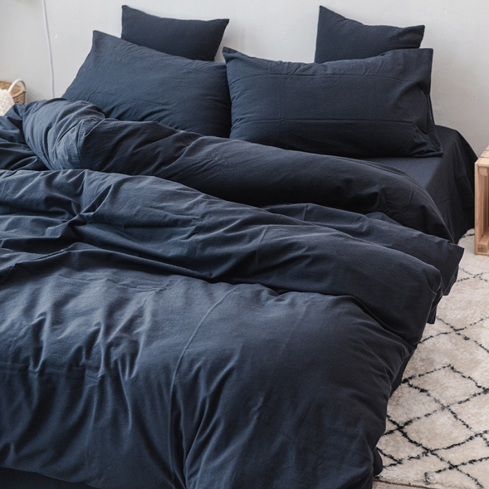 91家纺网 家纺一手货源 找家纺 柠萌家居 2021新款全棉色织水洗棉床品四件套 藏青色