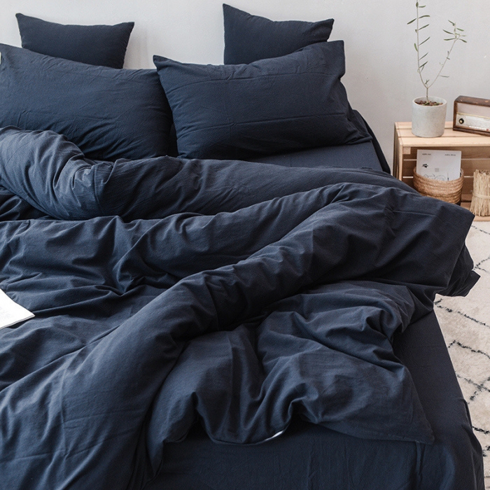 91家纺网 家纺一手货源 找家纺 柠萌家居 2021新款全棉色织水洗棉床品四件套 藏青色