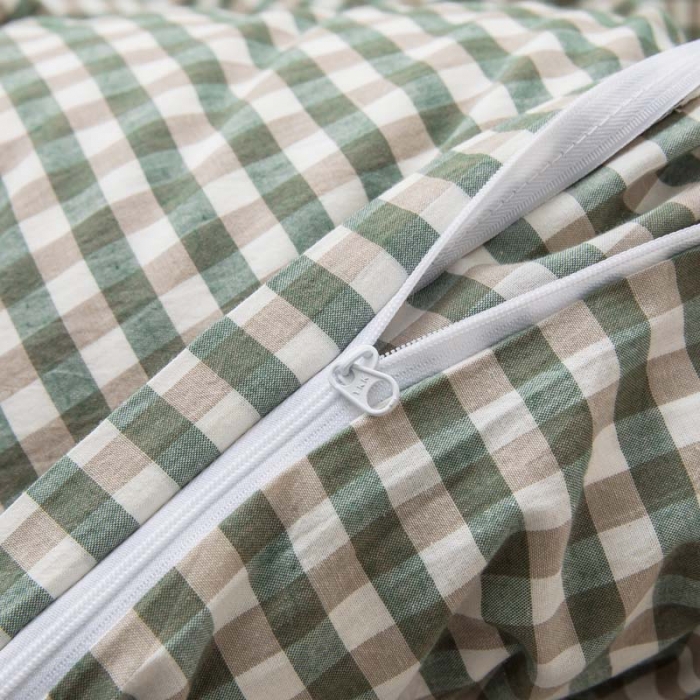 91家纺网 家纺一手货源 找家纺 柠萌家居 2021新款全棉色织水洗棉床品四件套 草绿小格