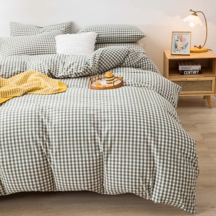 91家纺网 家纺一手货源 找家纺 柠萌家居 2021新款全棉色织水洗棉床品四件套 草绿小格