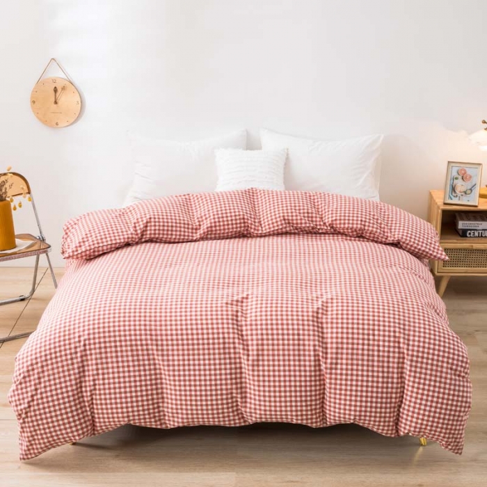 91家纺网 家纺一手货源 找家纺 柠萌家居 2021新款全棉色织水洗棉床品四件套 橙红小格