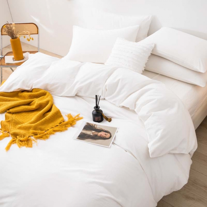 91家纺网 家纺一手货源 找家纺 柠萌家居 2021新款全棉色织水洗棉床品四件套 纯白