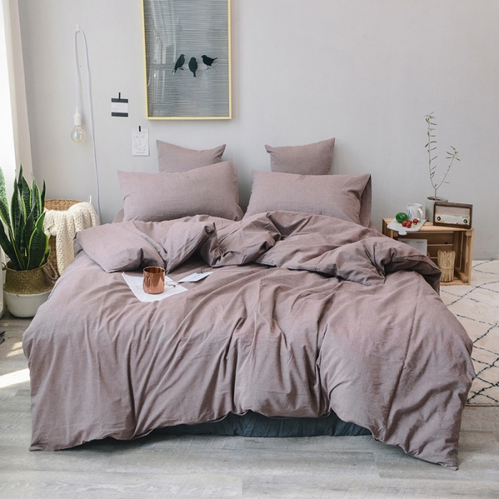 91家纺网 家纺一手货源 找家纺 柠萌家居 2021新款全棉色织水洗棉床品四件套 豆沙咖