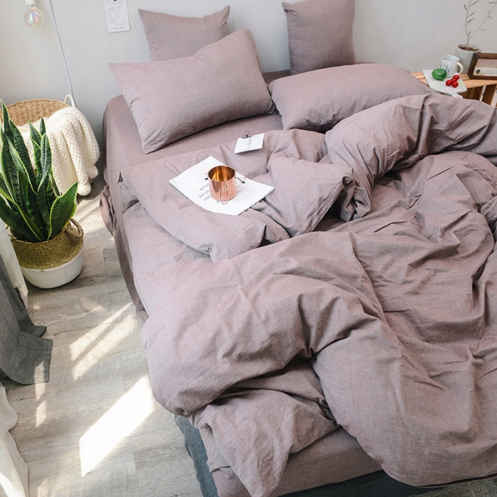 91家纺网 家纺一手货源 找家纺 柠萌家居 2021新款全棉色织水洗棉床品四件套 豆沙咖