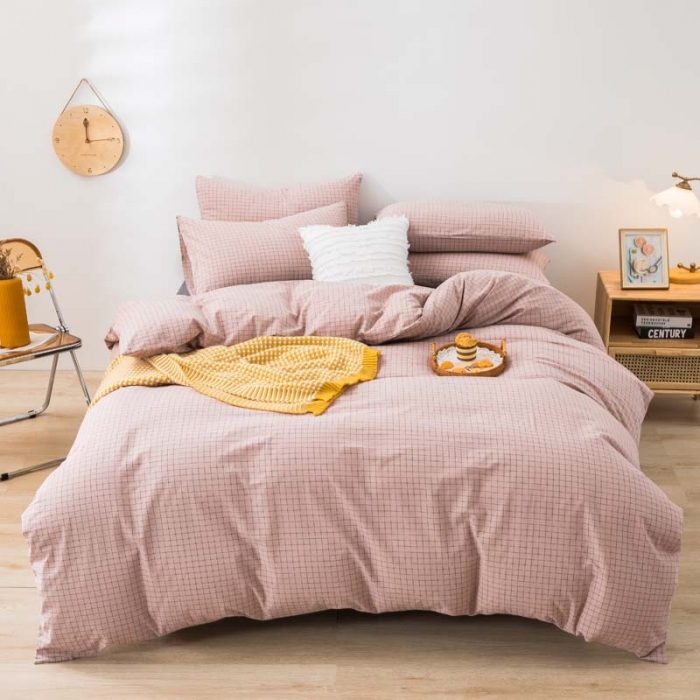 91家纺网 家纺一手货源 找家纺 柠萌家居 2021新款全棉色织水洗棉床品四件套 豆沙小格