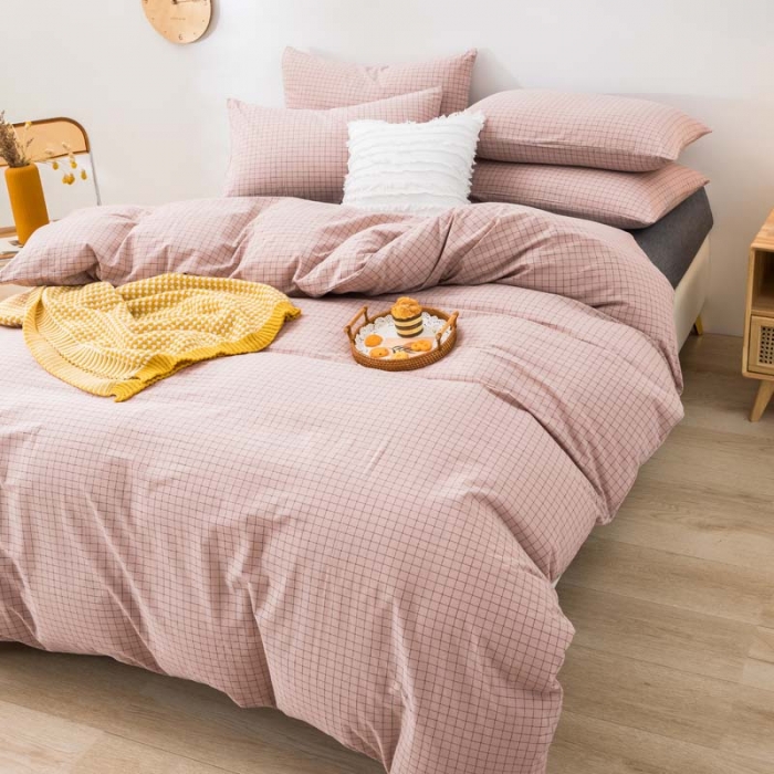 91家纺网 家纺一手货源 找家纺 柠萌家居 2021新款全棉色织水洗棉床品四件套 豆沙小格