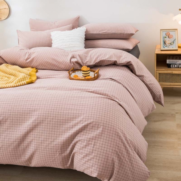 91家纺网 家纺一手货源 找家纺 柠萌家居 2021新款全棉色织水洗棉床品四件套 豆沙小格