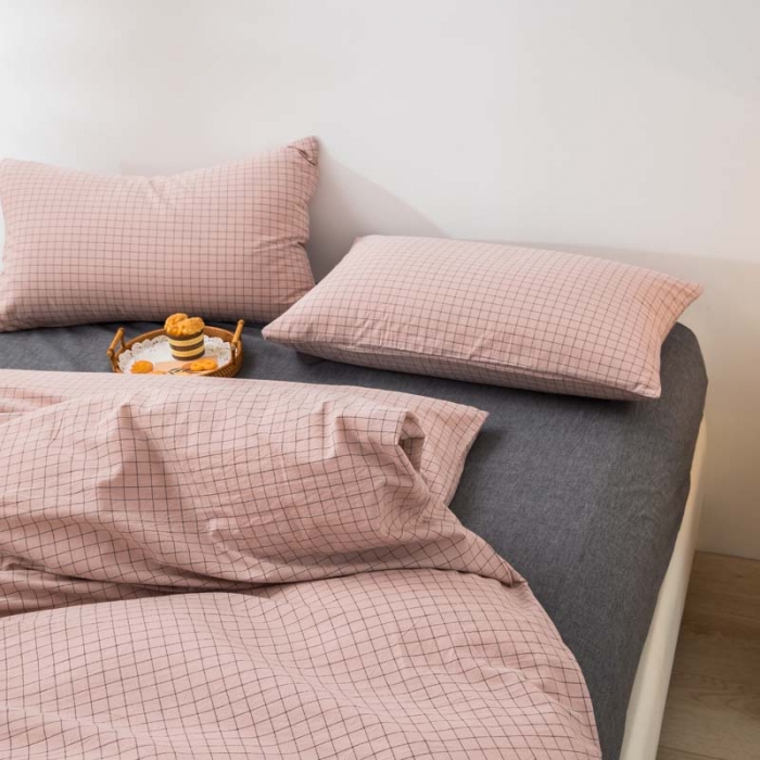 91家纺网 家纺一手货源 找家纺 柠萌家居 2021新款全棉色织水洗棉床品四件套 豆沙小格