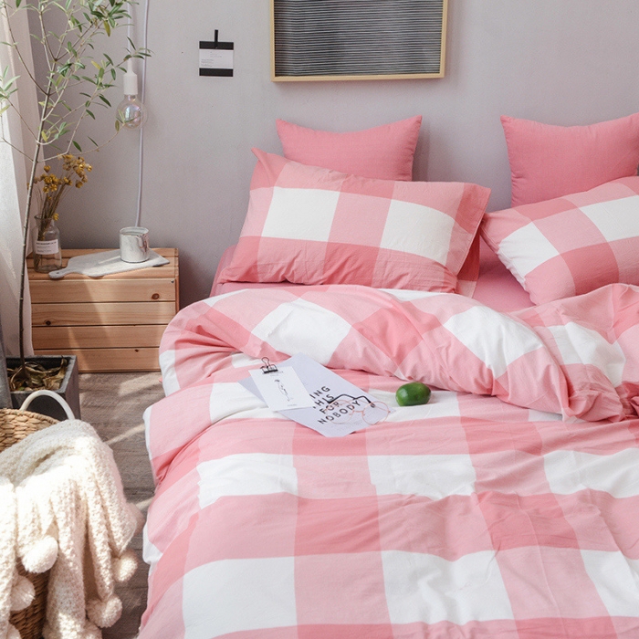 91家纺网 家纺一手货源 找家纺 柠萌家居 2021新款全棉色织水洗棉床品四件套 粉红大格