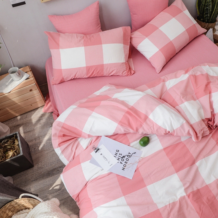 91家纺网 家纺一手货源 找家纺 柠萌家居 2021新款全棉色织水洗棉床品四件套 粉红大格