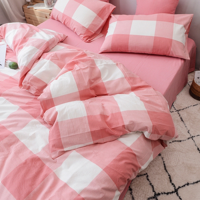 91家纺网 家纺一手货源 找家纺 柠萌家居 2021新款全棉色织水洗棉床品四件套 粉红大格