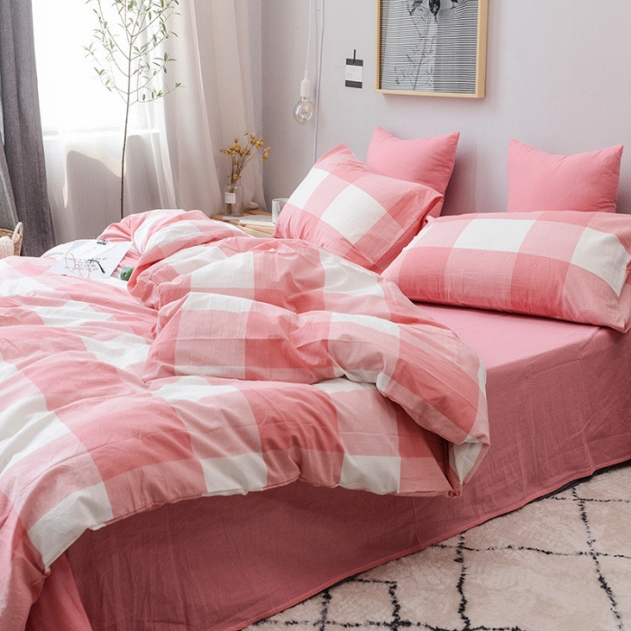 91家纺网 家纺一手货源 找家纺 柠萌家居 2021新款全棉色织水洗棉床品四件套 粉红大格