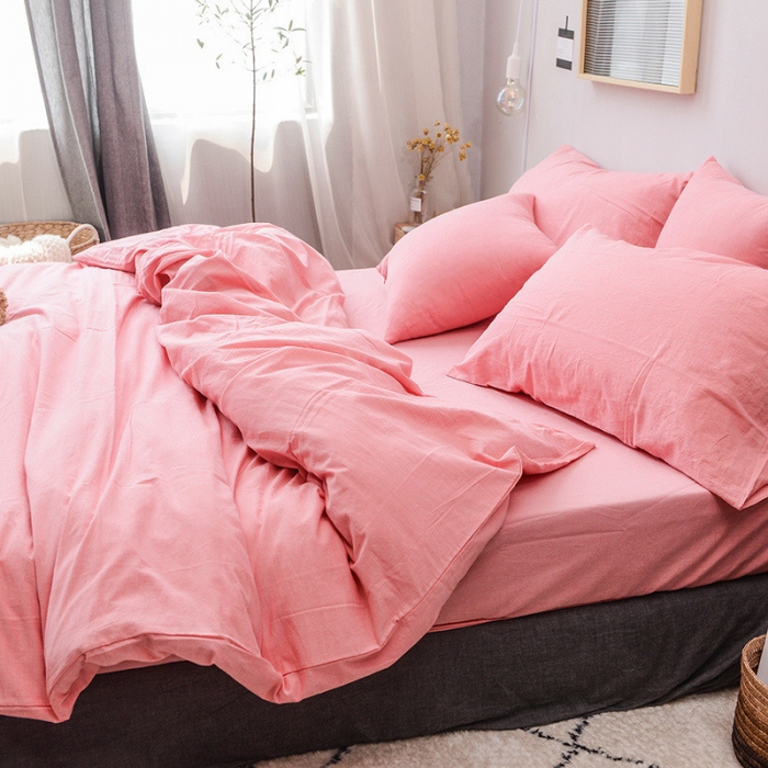 91家纺网 家纺一手货源 找家纺 柠萌家居 2021新款全棉色织水洗棉床品四件套 粉红色