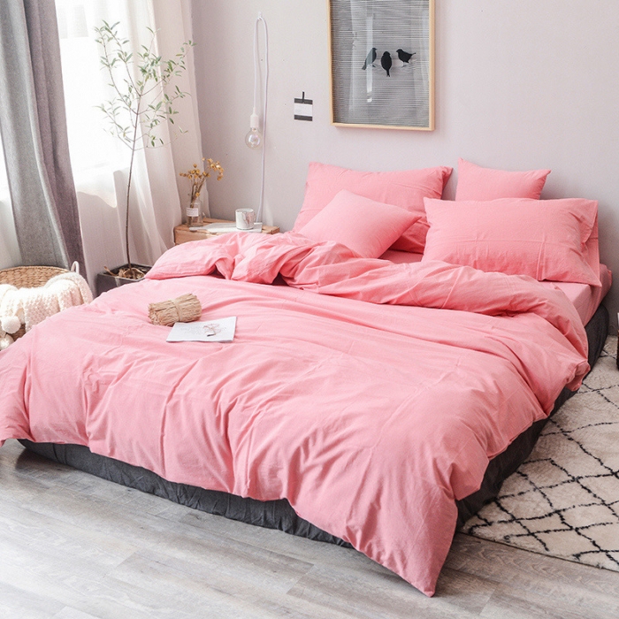 91家纺网 家纺一手货源 找家纺 柠萌家居 2021新款全棉色织水洗棉床品四件套 粉红色