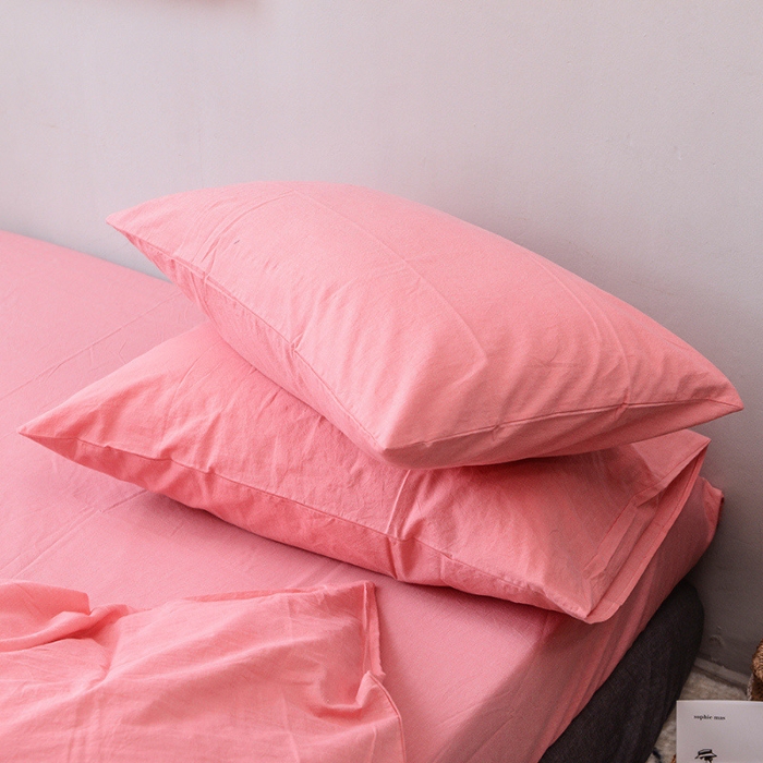 91家纺网 家纺一手货源 找家纺 柠萌家居 2021新款全棉色织水洗棉床品四件套 粉红色