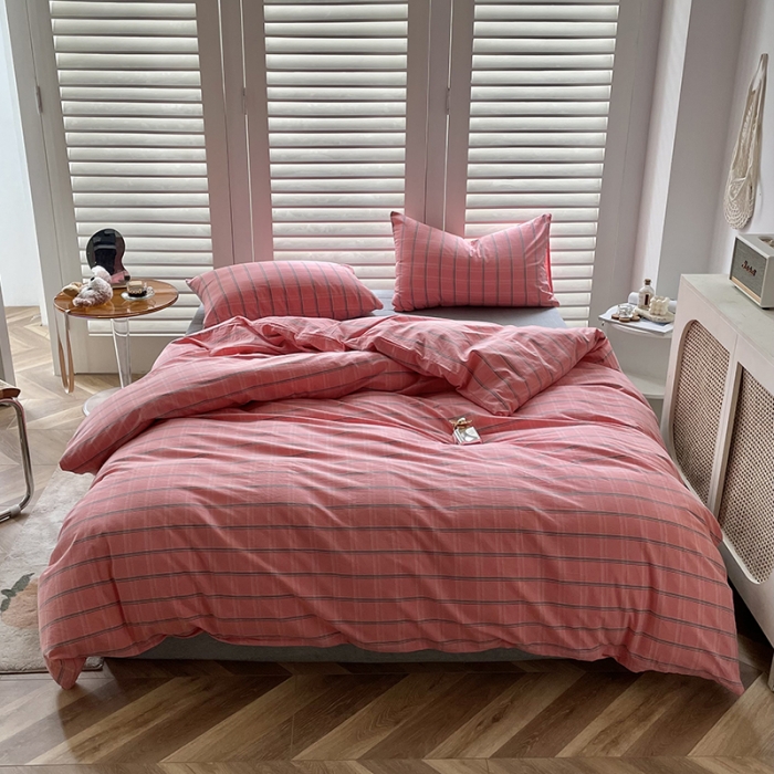 91家纺网 家纺一手货源 找家纺 柠萌家居 2021新款全棉色织水洗棉床品四件套 粉灰格