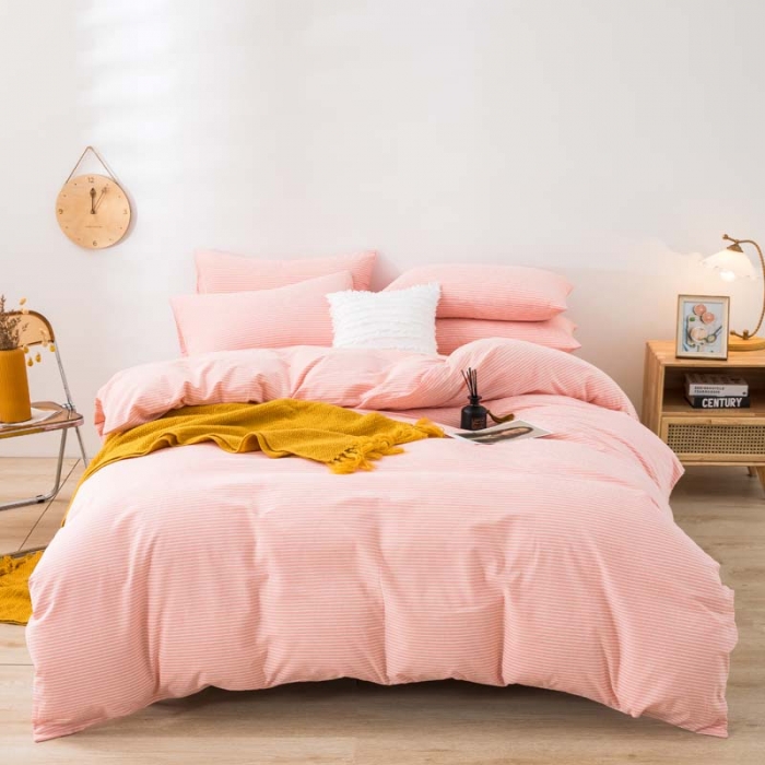 91家纺网 家纺一手货源 找家纺 柠萌家居 2021新款全棉色织水洗棉床品四件套 粉细条