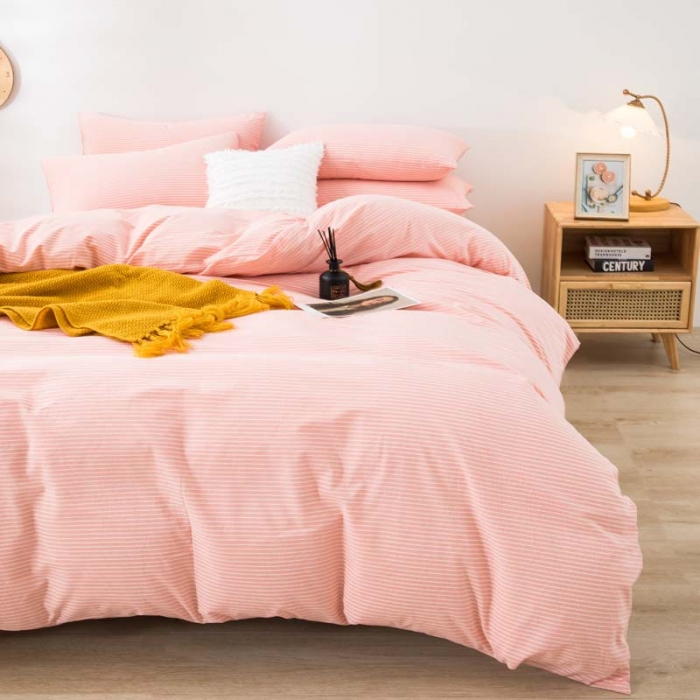 91家纺网 家纺一手货源 找家纺 柠萌家居 2021新款全棉色织水洗棉床品四件套 粉细条