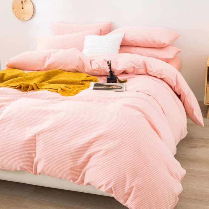 91家纺网 家纺一手货源 找家纺 柠萌家居 2021新款全棉色织水洗棉床品四件套 粉细条