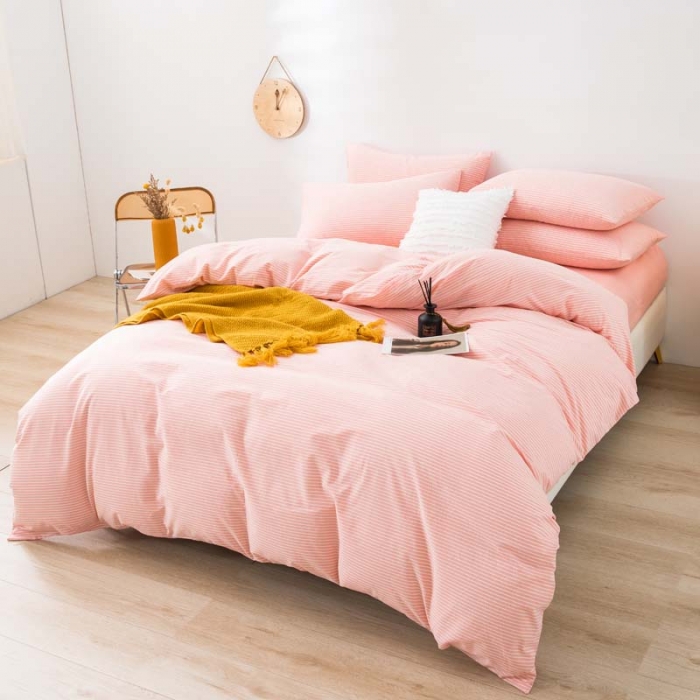 91家纺网 家纺一手货源 找家纺 柠萌家居 2021新款全棉色织水洗棉床品四件套 粉细条