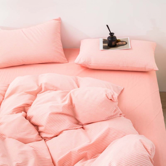 91家纺网 家纺一手货源 找家纺 柠萌家居 2021新款全棉色织水洗棉床品四件套 粉细条